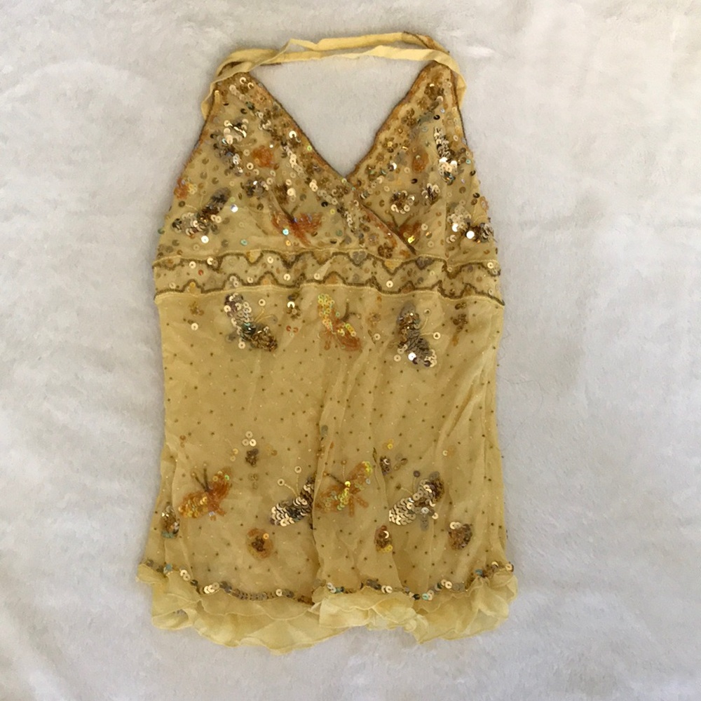 bebe Yellow Sequin Halter Top